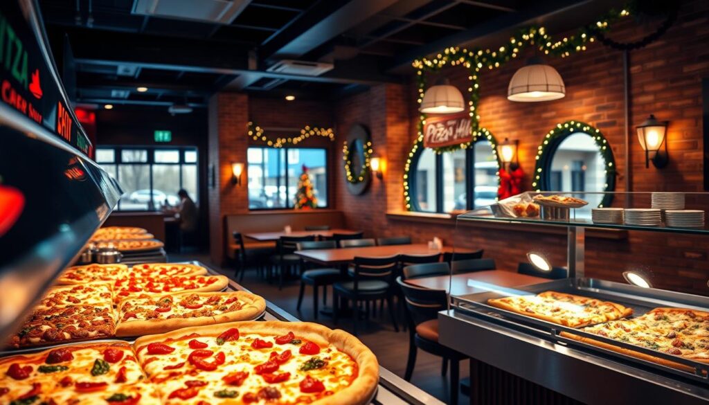 A cozy, well-lit interior of a Pizza Hut restaurant, with a prominent buffet display in the foreground. The buffet features a variety of seasonal pizza slices, including pumpkin spice, cranberry, and holiday-themed toppings. The middle ground showcases tables and chairs, with a warm, inviting ambiance. The background features the signature Pizza Hut decor, with brick walls, wooden accents, and subtle holiday decorations, such as fairy lights or garlands. The overall scene conveys a festive, family-friendly atmosphere, perfect for enjoying a delicious seasonal Pizza Hut buffet.