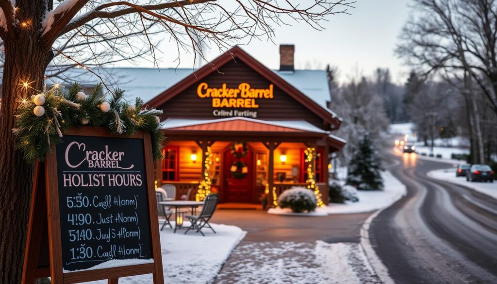 A cozy winter scene of the Cracker Barrel exterior, lit by warm holiday lighting. The iconic log cabin-style building stands amid a light dusting of snow, with a wreath-adorned entrance inviting guests inside. In the foreground, a chalkboard sign displays the restaurant's special holiday hours, framed by festive garlands and twinkling icicle lights. The background features a serene, snow-covered landscape, with a picturesque country road winding through the scene. The overall mood is one of rustic charm and seasonal cheer, perfectly capturing the spirit of the Cracker Barrel holiday experience.