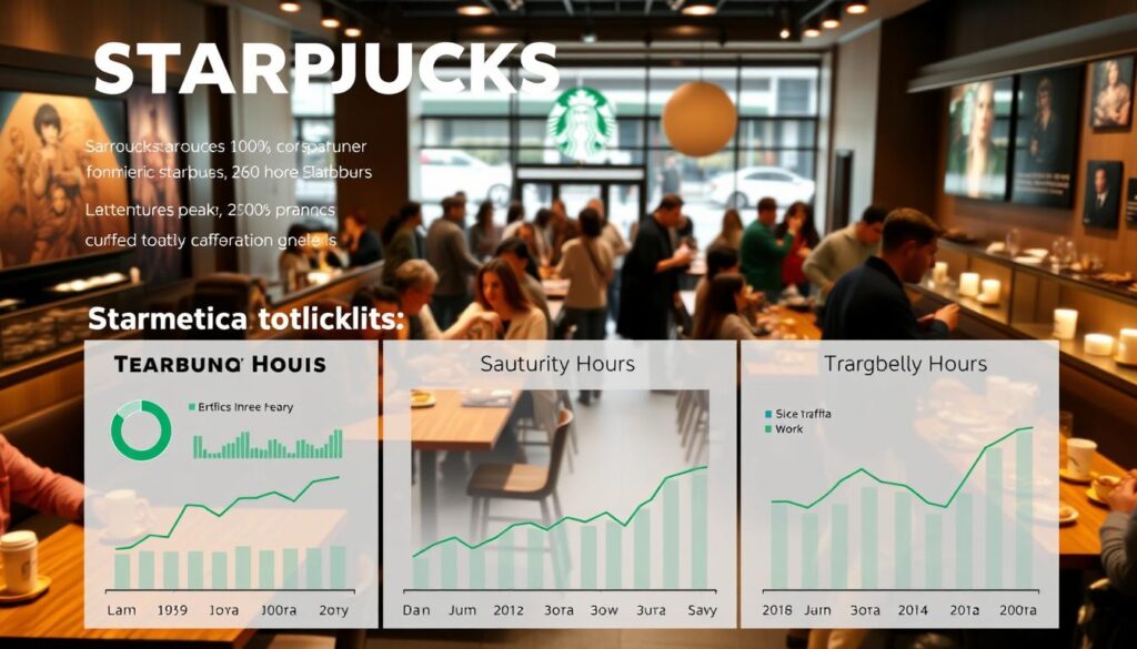 A detailed infographic illustrating Starbucks' peak hours, set against the backdrop of a bustling café interior. The foreground features a clean, minimalist design with dynamic charts and graphs showcasing customer traffic patterns throughout the day. The middle ground captures the warm, inviting ambiance of a Starbucks location, with patrons enjoying their beverages and pastries at wooden tables bathed in soft, natural lighting. In the background, a panoramic view of the storefront reveals the comings and goings of customers, creating a sense of energy and vibrancy. The overall tone is informative yet visually engaging, perfectly suited to highlight the best times to visit a Starbucks during peak hours.