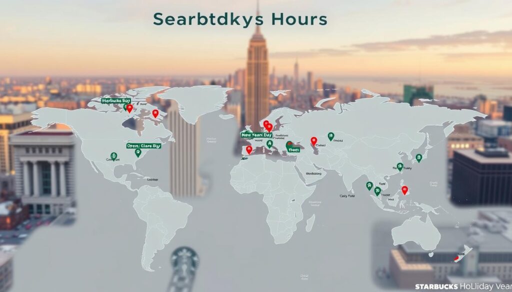 A detailed map of Starbucks holiday hours, showcasing the varying operating schedules across different locations. The foreground features a large world map with pins marking Starbucks stores, each color-coded to indicate their New Year's Day hours - open, closed, or reduced. The middle ground presents a clean, minimalist design with a sleek user interface, allowing easy navigation and information lookup. In the background, a subtle, warm-toned cityscape provides a contextual backdrop, capturing the vibrant atmosphere of Starbucks stores during the holiday season. The image is captured with a high-resolution, wide-angle lens, creating a comprehensive and visually appealing representation of the location-specific Starbucks holiday hours.
