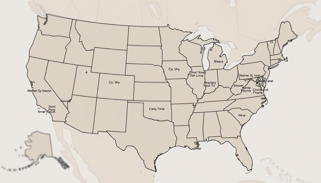 A detailed map of the United States, with the Cracker Barrel restaurant locations highlighted according to their regional opening hours. The map is rendered in a clean, minimalist style, with muted colors and a focus on clarity of information. The foreground showcases the regional variations, with different shades or icons denoting the various opening time ranges. The middle ground provides context, with state boundaries and major geographical features visible. The background is a softly blurred topographical representation, allowing the key data to take center stage. The overall mood is informative and practical, designed to help readers easily grasp the regional patterns in Cracker Barrel's opening times. A detailed map of the United States, with the Cracker Barrel restaurant locations highlighted according to their regional opening hours. The map is rendered in a clean, minimalist style, with muted colors and a focus on clarity of information. The foreground showcases the regional variations, with different shades or icons denoting the various opening time ranges. The middle ground provides context, with state boundaries and major geographical features visible. The background is a softly blurred topographical representation, allowing the key data to take center stage. The overall mood is informative and practical, designed to help readers easily grasp the regional patterns in Cracker Barrel's opening times.