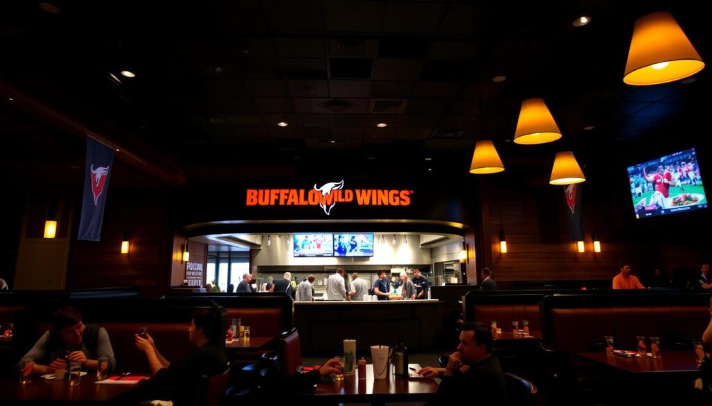 A dimly lit Buffalo Wild Wings restaurant interior, with cozy booths and tables illuminated by warm overhead lighting. In the foreground, a group of friends casually dining, enjoying their wings and drinks. The middle ground features the bustling open kitchen, where chefs expertly prepare orders. In the background, a large screen displays the day's sporting events, creating an energetic atmosphere. The overall scene conveys a relaxed, social dining experience, ideal for planning a visit around the restaurant's operating hours.
