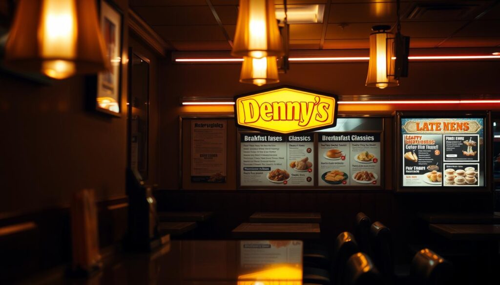 A dimly lit Denny's diner, illuminated by warm, golden lighting that casts a cozy glow on the late-night menu displayed on the counter. The menu features an array of comfort food classics, from hearty breakfast dishes to indulgent desserts, all temptingly presented against a backdrop of sleek, retro-style decor. The scene evokes a sense of nostalgia and relaxation, inviting weary travelers to indulge in a moment of respite and refueling during the quiet hours of the night. A dimly lit Denny's diner, illuminated by warm, golden lighting that casts a cozy glow on the late-night menu displayed on the counter. The menu features an array of comfort food classics, from hearty breakfast dishes to indulgent desserts, all temptingly presented against a backdrop of sleek, retro-style decor. The scene evokes a sense of nostalgia and relaxation, inviting weary travelers to indulge in a moment of respite and refueling during the quiet hours of the night.
