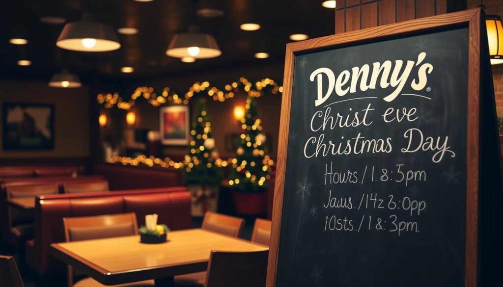 A dimly lit Denny's restaurant interior, with warm, cozy lighting casting a soft glow over the tables and booths. In the foreground, a large chalkboard sign displays the Christmas Eve and Christmas Day hours of operation in elegant calligraphic script. The middle ground features the familiar Denny's décor, with festive garlands, twinkling lights, and a small Christmas tree adorning the space. The background subtly blurs, focusing the viewer's attention on the prominent chalkboard sign conveying the vital holiday hours information. The overall mood is one of welcoming holiday cheer and essential dining guidance for the season.