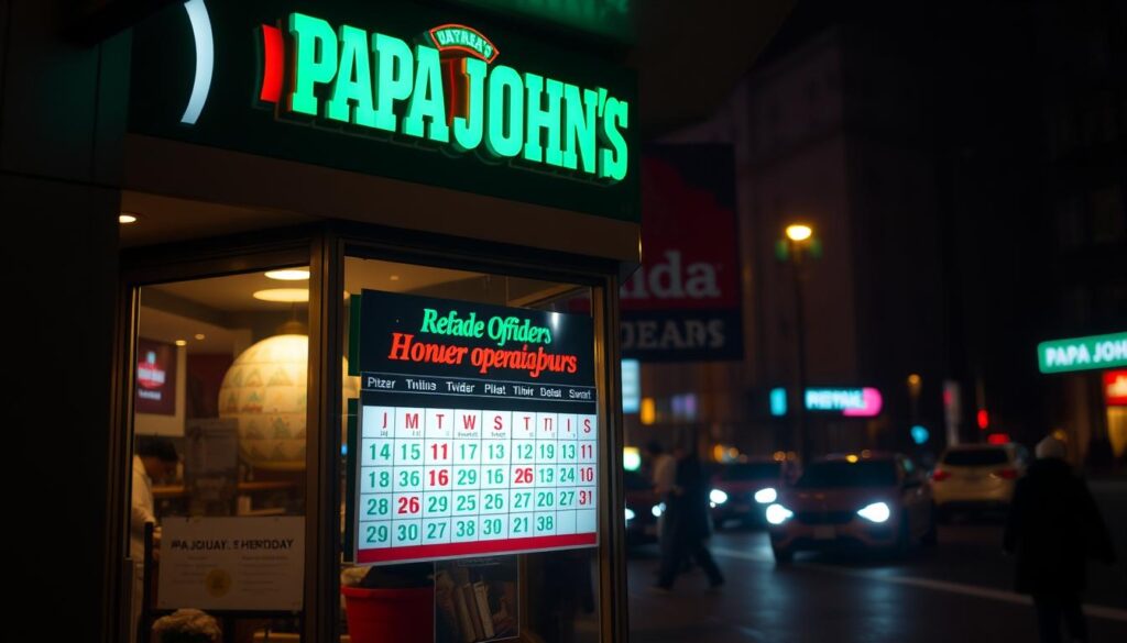 A dimly lit Papa John's storefront at night, its neon sign casting a warm glow. The display window showcases a calendar highlighting the restaurant's seasonal operating hours, with variations in red and green text for the holidays. The background is a blurred city street scene, with passing cars and pedestrians creating a sense of movement. The overall atmosphere is one of cozy familiarity, inviting customers to explore the changes in Papa John's availability during the festive season. A dimly lit Papa John's storefront at night, its neon sign casting a warm glow. The display window showcases a calendar highlighting the restaurant's seasonal operating hours, with variations in red and green text for the holidays. The background is a blurred city street scene, with passing cars and pedestrians creating a sense of movement. The overall atmosphere is one of cozy familiarity, inviting customers to explore the changes in Papa John's availability during the festive season.