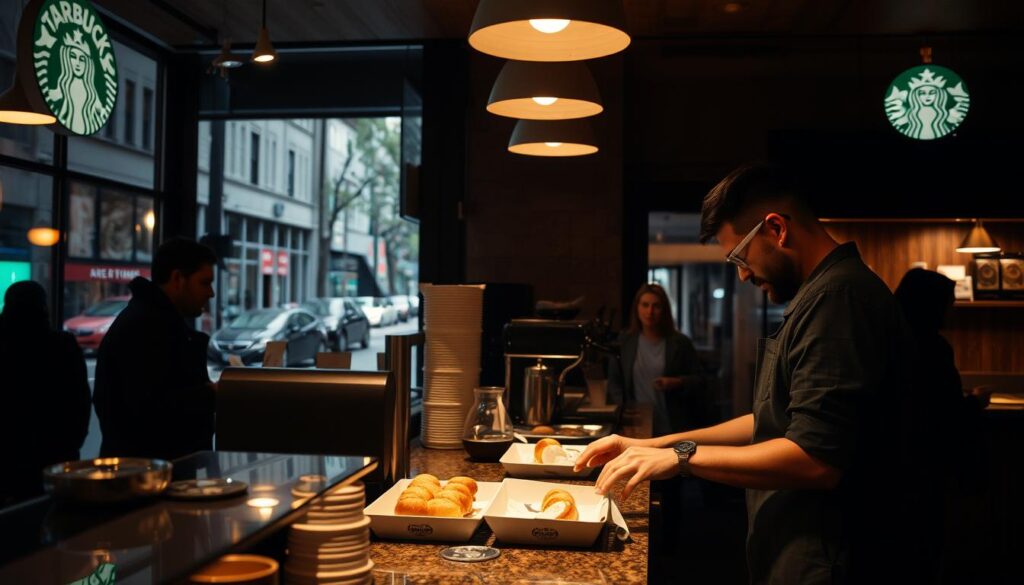 A dimly lit Starbucks café at closing time, with a few customers lingering near the counter. The barista, wearing a crisp apron, is wiping down the espresso machine, while the last pastry is being packaged for a takeaway order. Warm lighting casts a cozy glow, as the final strains of indie music fade out. Outside, the city street is quiet, hinting at the end of the day. The scene captures the tranquil, bittersweet atmosphere of a Starbucks winding down, with a sense of anticipation for what the next day will bring. A dimly lit Starbucks café at closing time, with a few customers lingering near the counter. The barista, wearing a crisp apron, is wiping down the espresso machine, while the last pastry is being packaged for a takeaway order. Warm lighting casts a cozy glow, as the final strains of indie music fade out. Outside, the city street is quiet, hinting at the end of the day. The scene captures the tranquil, bittersweet atmosphere of a Starbucks winding down, with a sense of anticipation for what the next day will bring.