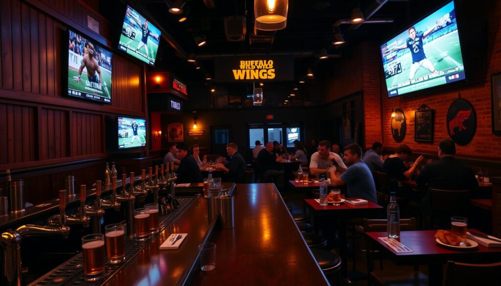 A dimly lit late-night dining area in a Buffalo Wild Wings restaurant. The foreground features a wood-paneled bar with rows of beer taps and glasses, while patrons sit at high-top tables enjoying plates of wings and drinks. In the middle ground, large TV screens display sports highlights, casting a warm glow over the scene. The background reveals a cozy, intimate atmosphere with soft lighting and brick walls adorned with Buffalo Wild Wings memorabilia. The overall mood is relaxed and convivial, inviting guests to linger and indulge in a satisfying meal and drinks well into the night.