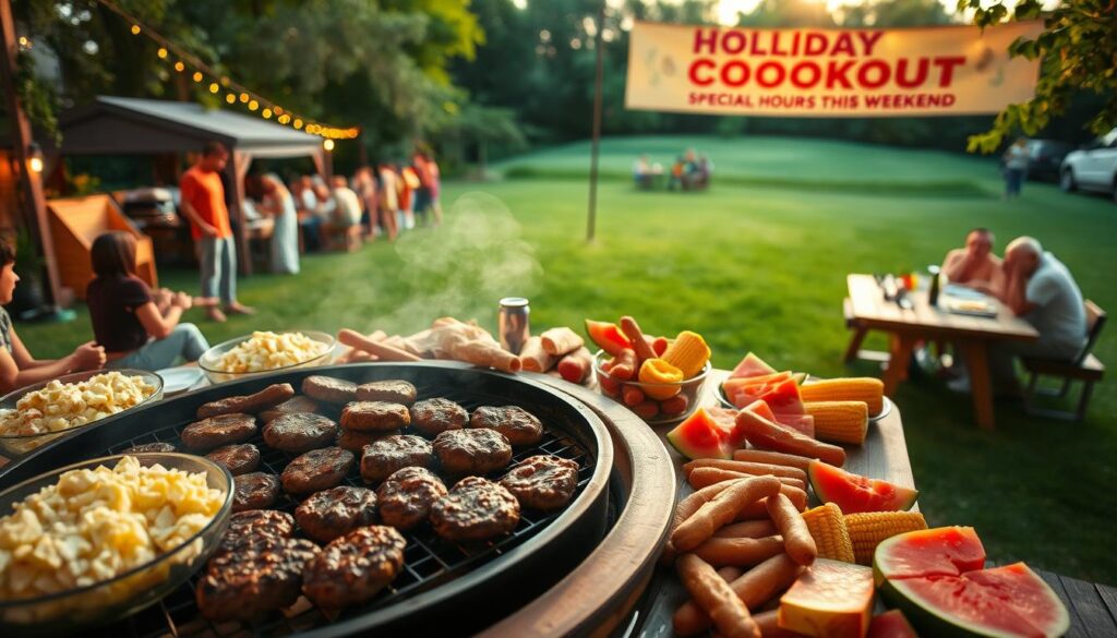 A festive cookout scene under warm evening light. In the foreground, a charcoal grill sizzles with burgers and hot dogs, surrounded by a spread of picnic fare - potato salad, corn on the cob, and fresh watermelon slices. In the middle ground, a group of friends and families gathered at long wooden tables, chatting and laughing. In the background, a lush green lawn leads to a colorful banner announcing "Holiday Cookout - Special Hours This Weekend". The overall atmosphere is one of camaraderie, relaxation, and the celebration of good food and summer traditions.