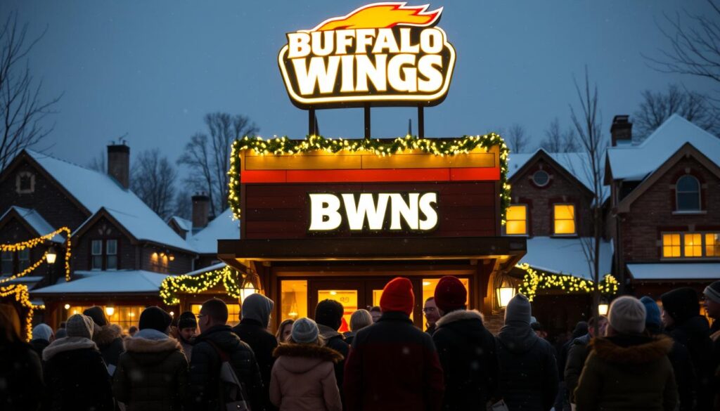 A festive scene of Buffalo Wild Wings on a snowy winter evening, with twinkling holiday lights illuminating the exterior. In the foreground, a group of friends and families gather, bundled up in cozy winter attire, eagerly entering the restaurant. The middle ground showcases the iconic BWW logo and signage, framed by a backdrop of a quaint suburban town, with snow-covered rooftops and a warm, golden glow from the windows. The atmosphere is cozy and inviting, capturing the spirit of planning a memorable holiday visit to this beloved sports bar and grill.