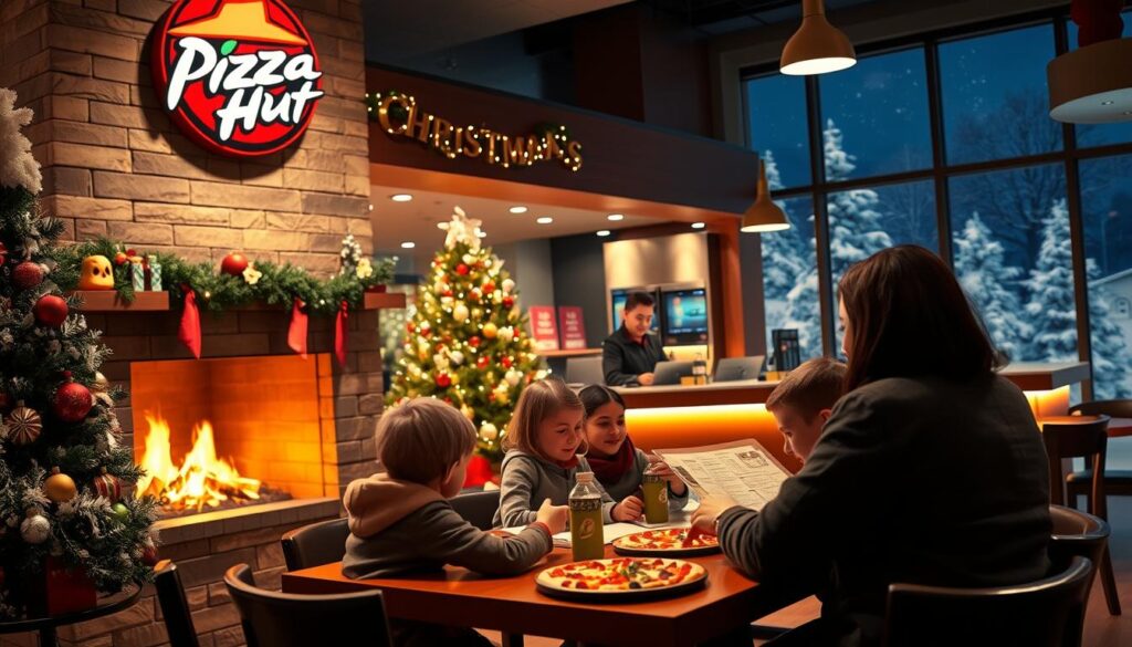 A festive scene of a modern Pizza Hut restaurant on Christmas Eve. The interior is warmly lit, with a cozy fireplace and holiday decor - garlands, twinkling lights, and a small Christmas tree. In the foreground, a family sits at a table, eagerly perusing the menu and discussing their pizza order. The middle ground shows the counter, where a cheerful employee assists customers. The background depicts the restaurant's exterior, with snow-dusted trees and a starry night sky. The overall mood is one of seasonal cheer and delicious anticipation.
