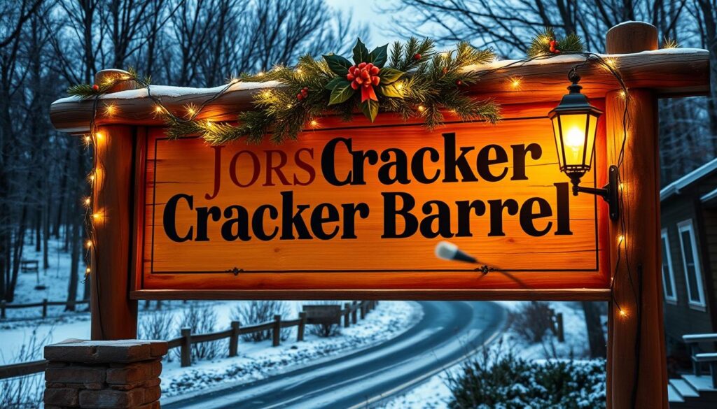 A festively decorated Cracker Barrel restaurant sign, set against a cozy winter landscape. The sign's wooden frame is adorned with twinkling string lights, holly, and a sprig of mistletoe. In the background, a dusting of snow covers the ground, and a picturesque country road winds through a forest of bare-branched trees. The lighting is warm and inviting, creating a welcoming atmosphere for holiday travelers. The overall scene conveys the special, seasonal hours and cheer of a Cracker Barrel location during the holiday season.