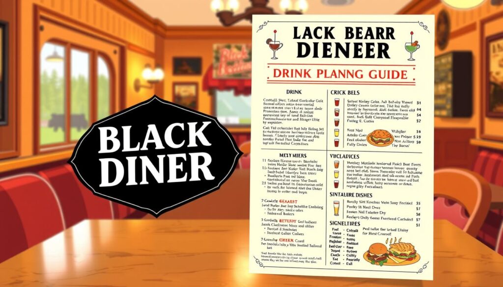 A high-quality, highly detailed illustration of a &quot;Black Bear Diner Drink Planning Guide&quot; in the style of a vintage restaurant menu or brochure. The guide is set against a warm, inviting atmosphere with wooden accents and rustic decor, capturing the cozy ambiance of the diner. The foreground features a prominent drink menu with a variety of cocktails, beers, and non-alcoholic beverages neatly arranged and described, accompanied by stylized icons or illustrations. The middle ground showcases the diner's signature dishes to complement the drink options. The background features a softly blurred view of the diner's interior, with subtle lighting and subtle hints of the diner's branding and design elements. The overall composition conveys a sense of planning and preparation for a memorable dining and drinking experience at the Black Bear Diner.