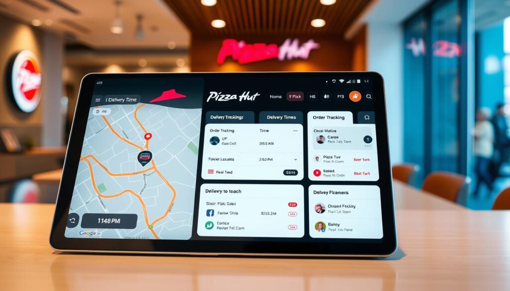 A high-tech Pizza Hut delivery tracking system displayed on a sleek, modern touchscreen interface. The foreground features a detailed map with a moving delivery vehicle icon, along with delivery time estimates and order status updates. The middle ground showcases a minimalist dashboard with real-time order tracking data, delivery driver location, and customer feedback options. In the background, a warm, softly-lit interior sets the mood, with subtle branding elements and a sense of efficiency and reliability. Crisp, high-resolution graphics and a clean, user-friendly design convey the seamless delivery experience.