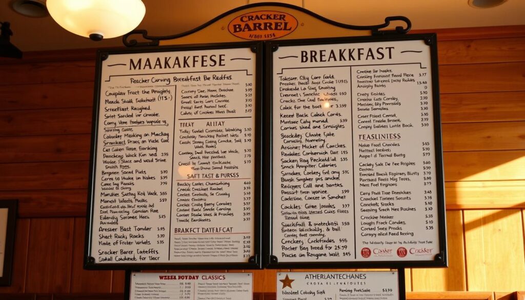 A meticulously designed Cracker Barrel All-Day Breakfast Menu, captured in a warm, inviting atmosphere. The menu board stands prominently against a backdrop of rustic wood paneling, casting a soft, golden glow from the overhead lighting. Carefully handwritten menu items and prices are legibly displayed, tempting the viewer with a mouthwatering array of breakfast classics. The composition showcases the menu's comprehensive offerings, creating a sense of culinary abundance and the promise of a satisfying all-day dining experience. A meticulously designed Cracker Barrel All-Day Breakfast Menu, captured in a warm, inviting atmosphere. The menu board stands prominently against a backdrop of rustic wood paneling, casting a soft, golden glow from the overhead lighting. Carefully handwritten menu items and prices are legibly displayed, tempting the viewer with a mouthwatering array of breakfast classics. The composition showcases the menu's comprehensive offerings, creating a sense of culinary abundance and the promise of a satisfying all-day dining experience.
