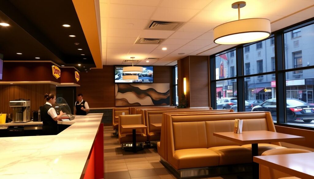 A modern and inviting Denny's restaurant interior, with a warm and welcoming atmosphere. The foreground features a sleek, well-lit counter with a polished marble surface, and friendly staff serving up classic American diner fare. In the middle ground, cozy booths line the walls, with plush upholstery and subtle lighting fixtures overhead. The background showcases large windows that flood the space with natural daylight, offering a glimpse of the bustling city street outside. The overall mood is one of comfort and hospitality, reflecting Denny's commitment to providing exceptional dining experiences for their customers throughout the day.