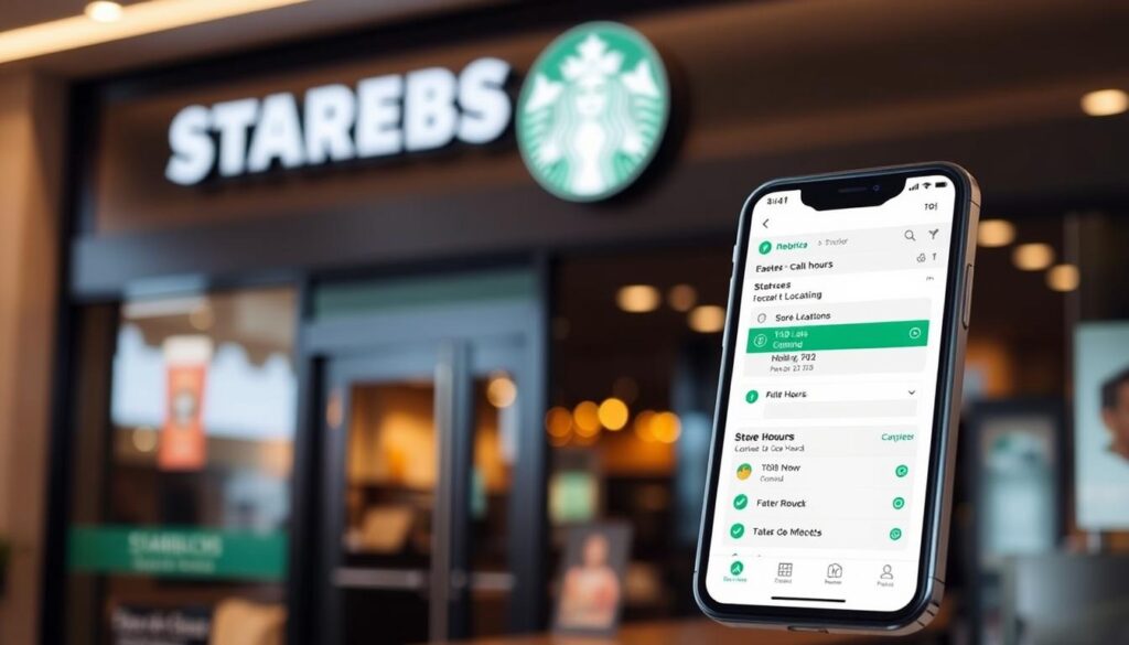 A modern, sleek digital interface displays a user-friendly Starbucks store hours checker. The foreground features a stylized smartphone or tablet screen with a clean, minimalist design. The interface showcases a calendar, store locator, and interactive tools to easily browse and compare Starbucks locations' Easter hours. The middle ground presents a subtle, blurred Starbucks storefront in the background, hinting at the real-world context. The scene is lit by soft, warm lighting, creating a professional, polished aesthetic. The overall mood is one of efficiency, accessibility, and the seamless integration of digital and physical Starbucks experiences.