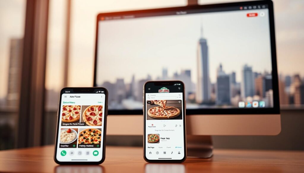 A modern, sleek digital interface showcasing Papa John's online ordering platform. In the foreground, a smartphone or tablet device prominently displays the ordering menu, featuring high-quality images of signature pizzas and customizable options. The middle ground depicts a clean, minimalist desktop or laptop screen, with the Papa John's branding and navigation UI elements. The background has a subtle, blurred city skyline, conveying the convenience of online ordering for busy urban dwellers. Soft, warm lighting creates an inviting atmosphere, while a shallow depth of field focuses attention on the intuitive, user-friendly digital experience.