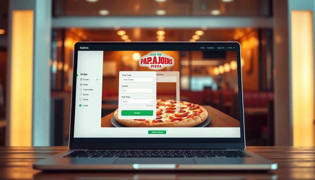 A modern, sleek online ordering platform for Papa John's Pizza. The foreground features a minimalist user interface with an intuitive menu and order form, showcasing a clean and organized layout. The middle ground displays a large, high-quality image of a freshly baked pizza, enticing the user to place an order. The background subtly depicts a cozy, warm-lit interior of a Papa John's restaurant, hinting at the quality and care that goes into each order. The scene is illuminated by a soft, natural-looking lighting that creates a welcoming and inviting atmosphere, reflecting the brand's commitment to delivering a seamless and enjoyable online ordering experience.