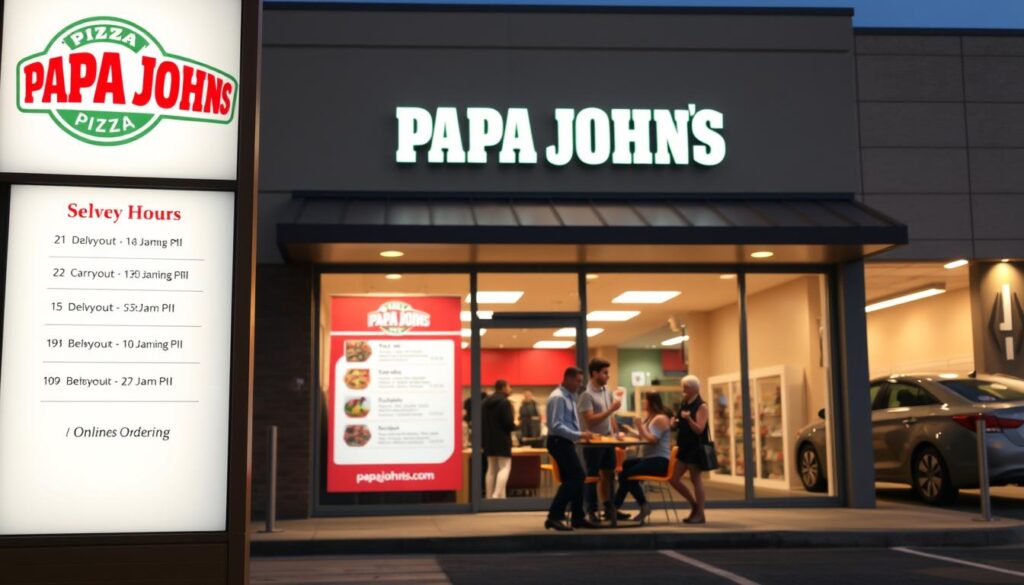 A modern, well-lit storefront with a warm, inviting atmosphere. In the foreground, the Papa John's logo and a large menu board displaying the various service types: dine-in, carryout, delivery, and online ordering. The menu highlights the delivery hours, with each service type presented in a clean, organized manner. The middle ground features a group of customers happily enjoying their pizzas, creating a sense of community. The background showcases the exterior of the Papa John's restaurant, with a sleek, contemporary design and ample parking spaces. The lighting is soft and natural, creating a pleasant ambiance that complements the overall theme of convenience and customer satisfaction.
