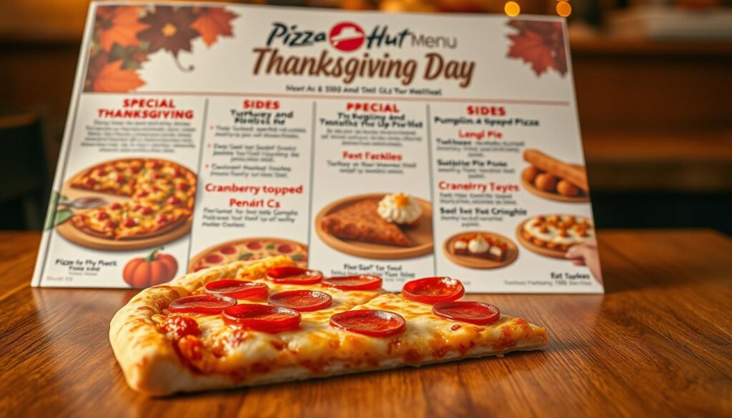 A neatly presented Thanksgiving Day menu from the iconic Pizza Hut restaurant, featuring a variety of mouthwatering pizza offerings, sides, and festive desserts. The menu is displayed on a wooden table, with a warm, golden lighting creating a cozy, inviting atmosphere. In the foreground, a slice of freshly baked pepperoni pizza takes center stage, its melted cheese and pepperoni glistening under the soft lighting. In the middle ground, the menu is showcased, highlighting the special Thanksgiving-themed dishes available, such as turkey and stuffing pizza, pumpkin pie, and cranberry-topped breadsticks. The background features a warm, autumnal color palette, with hints of orange and red, evoking the spirit of the holiday season. The overall scene conveys a sense of comfort, celebration, and anticipation for the Thanksgiving feast.