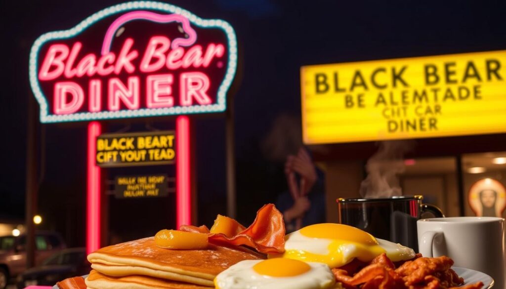 A neon-lit signboard against a dark night sky, highlighting the locations of the Black Bear Diner chain. The sign displays the diner's name in bold, retro-style typography, accompanied by a silhouette of a black bear icon. In the foreground, a collection of breakfast menu items is artfully arranged, including golden pancakes, crisp bacon, fluffy eggs, and steaming cups of coffee. The image conveys a sense of warmth, nostalgia, and the inviting atmosphere of the diner's breakfast hours.