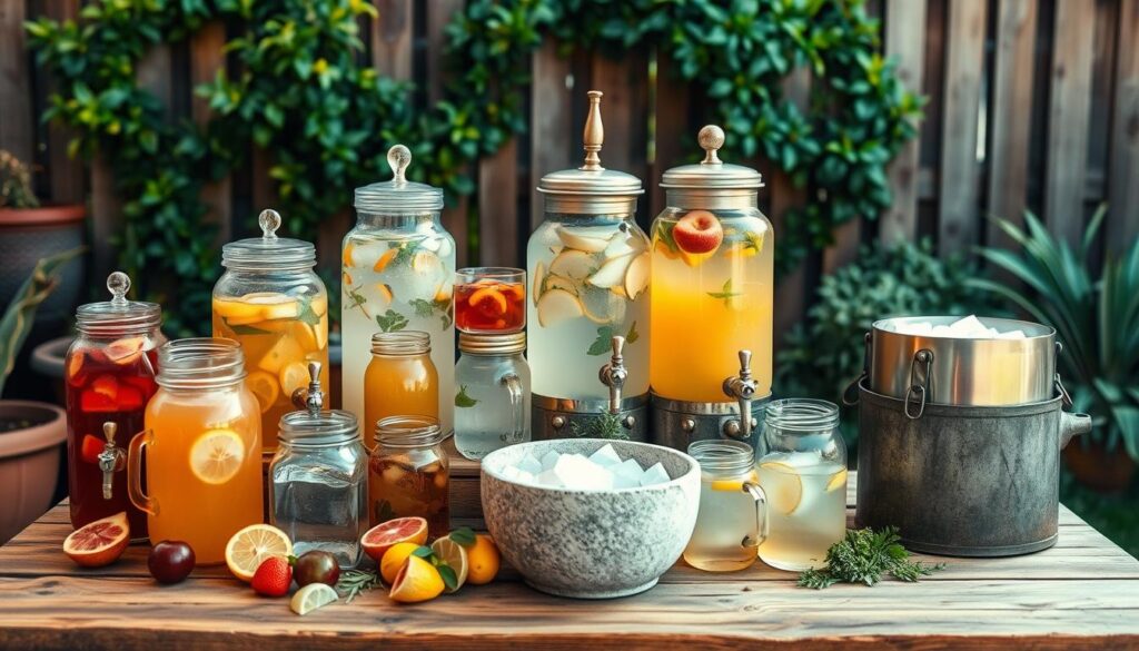 A rustic outdoor beverage station setup on a wooden table. In the foreground, an assortment of clear glass jars and pitchers filled with refreshing lemonades, iced teas, and fruit-infused waters. Vintage-style metal drink dispensers stand tall, their spigots ready to serve. Scattered throughout, seasonal fruit slices, fresh herbs, and ice cubes in a natural stone bucket. The middle ground features a backdrop of lush greenery, perhaps potted plants or a wooden fence, creating a serene, backyard ambiance. Warm, directional lighting from the side casts a soft glow, highlighting the vibrant colors and textures. The overall scene conveys a sense of casual elegance, perfect for an alfresco gathering.