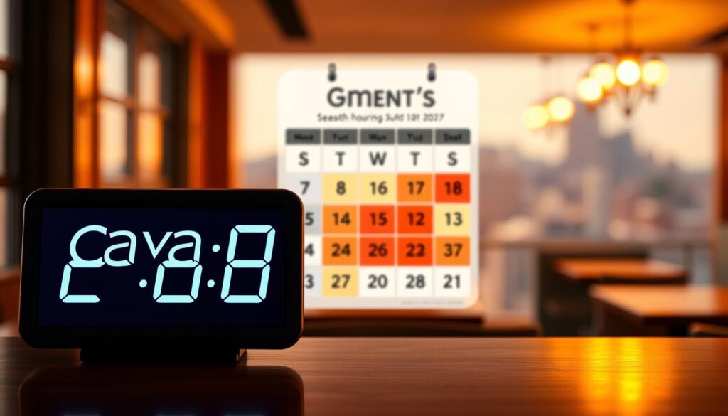 A seasonally-themed illustration of Cava's operating hours, showcasing the variations throughout the year. In the foreground, a stylized digital clock display indicating the hours of operation, with the Cava logo prominently featured. The middle ground depicts a stylized calendar, with the seasonal changes highlighted through the use of warm and cool color palettes. The background features a softly blurred cityscape, conveying a sense of place and ambiance. The lighting is a mix of natural daylight and subtle, warm artificial illumination, creating a inviting and informative atmosphere. The overall composition is clean, modern, and designed to clearly communicate the topic of Cava's seasonal hour variations.