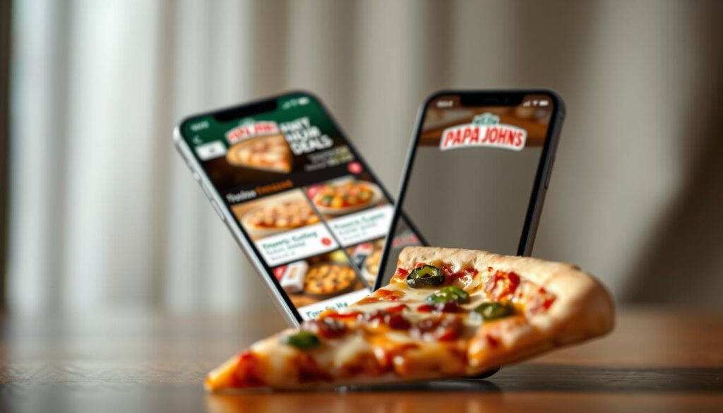 A sleek and modern mobile app interface floats against a softly blurred background, showcasing a variety of appetizing Papa John's pizza deals. In the foreground, a tantalizing close-up of a freshly baked pizza slice with melted cheese and vibrant toppings takes center stage, highlighting the high quality of the food. The app's user-friendly layout and intuitive navigation are emphasized through clean lines, simple icons, and a color palette of warm tones that evoke a sense of comfort and convenience. Subtle lighting from the top left casts a soft glow, enhancing the appetizing presentation. The overall atmosphere conveys a seamless and enjoyable mobile ordering experience during the Happy Hour specials. A sleek and modern mobile app interface floats against a softly blurred background, showcasing a variety of appetizing Papa John's pizza deals. In the foreground, a tantalizing close-up of a freshly baked pizza slice with melted cheese and vibrant toppings takes center stage, highlighting the high quality of the food. The app's user-friendly layout and intuitive navigation are emphasized through clean lines, simple icons, and a color palette of warm tones that evoke a sense of comfort and convenience. Subtle lighting from the top left casts a soft glow, enhancing the appetizing presentation. The overall atmosphere conveys a seamless and enjoyable mobile ordering experience during the Happy Hour specials.