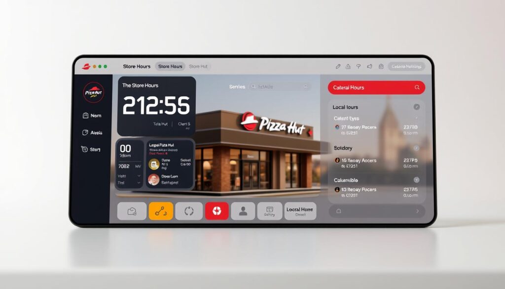 A sleek, modern digital interface displaying the store hours and interactive tools for a Pizza Hut location. The foreground features a clean, responsive dashboard with intuitive UI elements - a prominent digital clock, interactive calendars, and customizable settings. The middle ground showcases a rendered 3D model of the local Pizza Hut storefront, rendered in high detail with accurate branding and architecture. The background depicts a subtly blurred cityscape, hinting at the restaurant's urban setting. Soft, diffused lighting creates a warm, inviting atmosphere, while the overall design prioritizes usability and a seamless user experience for customers checking store hours and location details.