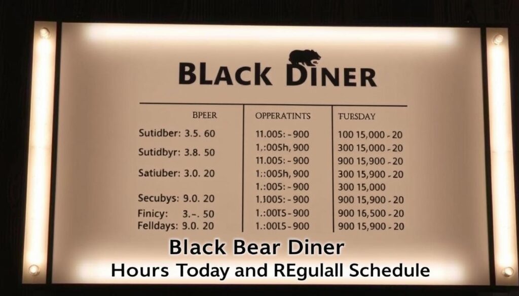 A sleek, modern sign board illuminated by soft, warm lighting, showcasing the operating hours of the Black Bear Diner. The schedule is presented in a clean, easy-to-read format, with the diner's logo prominently displayed. The background features a subtle, textured wood grain pattern, conveying a cozy, rustic ambiance. The overall composition is balanced, with the hours schedule taking center stage, surrounded by a minimalist, yet elegant design. The image exudes a welcoming and inviting atmosphere, perfectly suited to illustrate the section on "Black Bear Diner Hours Today and Regular Schedule" in the article. A sleek, modern sign board illuminated by soft, warm lighting, showcasing the operating hours of the Black Bear Diner. The schedule is presented in a clean, easy-to-read format, with the diner's logo prominently displayed. The background features a subtle, textured wood grain pattern, conveying a cozy, rustic ambiance. The overall composition is balanced, with the hours schedule taking center stage, surrounded by a minimalist, yet elegant design. The image exudes a welcoming and inviting atmosphere, perfectly suited to illustrate the section on "Black Bear Diner Hours Today and Regular Schedule" in the article.