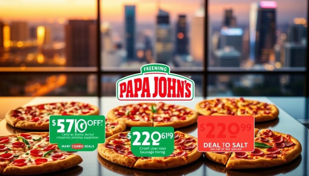 A stylish and appetizing image of Papa John's pizza specials and discounts. In the foreground, an array of freshly baked pizza slices, each with a distinct topping - pepperoni, sausage, veggie, and more. The pizzas are displayed on a sleek, modern tabletop, lit by warm, inviting lighting. In the middle ground, a prominent Papa John's logo stands out, accompanied by playful graphics showcasing the current pizza deals and combo offers. The background features a blurred, yet vibrant cityscape, hinting at the convenience and accessibility of the Papa John's locations. The overall composition conveys a sense of culinary expertise, value, and an enticing invitation to indulge in the tasty pizza specials. A stylish and appetizing image of Papa John's pizza specials and discounts. In the foreground, an array of freshly baked pizza slices, each with a distinct topping - pepperoni, sausage, veggie, and more. The pizzas are displayed on a sleek, modern tabletop, lit by warm, inviting lighting. In the middle ground, a prominent Papa John's logo stands out, accompanied by playful graphics showcasing the current pizza deals and combo offers. The background features a blurred, yet vibrant cityscape, hinting at the convenience and accessibility of the Papa John's locations. The overall composition conveys a sense of culinary expertise, value, and an enticing invitation to indulge in the tasty pizza specials.