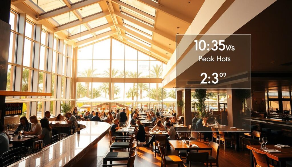 A sun-dappled interior of a modern, high-ceilinged restaurant, Cava, with an airy, open-concept layout. The foreground features a sleek, granite-topped bar bustling with patrons enjoying wine and craft cocktails. In the middle ground, small groups of diners sit at polished wood tables, savoring Mediterranean-inspired dishes. The background showcases a wall of large windows, bathing the space in warm, golden light and offering a glimpse of the vibrant outdoor seating area. Subtle infographic elements overlay the scene, providing a visual representation of peak hours and peak traffic flow, conveying the energy and atmosphere of this popular dining destination.