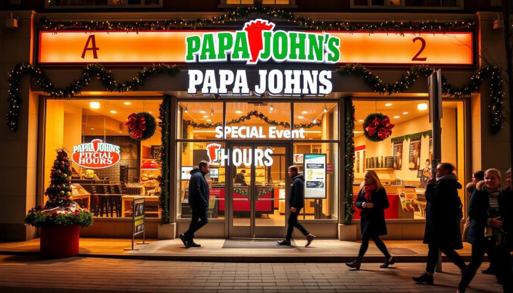A vibrant, high-resolution image of a Papa John's storefront illuminated by warm lighting, showcasing a "SPECIAL EVENT HOURS" sign in the window. The scene depicts a cozy, festive atmosphere with decorative garlands, twinkling lights, and a sense of holiday cheer. The storefront is framed by a clean, modern facade, and the paved sidewalk leading to the entrance is dotted with pedestrians bundled up against the winter chill. The overall composition conveys a welcoming and inviting ambiance, perfectly capturing the essence of the "Special Events and Extended Hours" section of the article. A vibrant, high-resolution image of a Papa John's storefront illuminated by warm lighting, showcasing a "SPECIAL EVENT HOURS" sign in the window. The scene depicts a cozy, festive atmosphere with decorative garlands, twinkling lights, and a sense of holiday cheer. The storefront is framed by a clean, modern facade, and the paved sidewalk leading to the entrance is dotted with pedestrians bundled up against the winter chill. The overall composition conveys a welcoming and inviting ambiance, perfectly capturing the essence of the "Special Events and Extended Hours" section of the article.