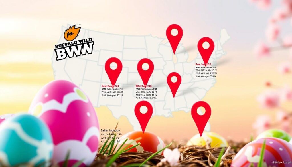 A vibrant, high-resolution image showcasing the Easter hours and locations of Buffalo Wild Wings restaurants. The foreground features a cheerful, colorful Easter-themed graphic with the iconic BWW logo, stylized egg shapes, and spring-inspired patterns. The middle ground presents a map of the United States, with markers highlighting the various BWW locations and their respective Easter operating hours. The background is a warm, inviting setting, perhaps with a pastel-colored sky and subtle details like flowering trees or a festive Easter-themed background. The overall composition conveys a sense of celebration, convenience, and the availability of the popular sports bar and grill during the holiday season. A vibrant, high-resolution image showcasing the Easter hours and locations of Buffalo Wild Wings restaurants. The foreground features a cheerful, colorful Easter-themed graphic with the iconic BWW logo, stylized egg shapes, and spring-inspired patterns. The middle ground presents a map of the United States, with markers highlighting the various BWW locations and their respective Easter operating hours. The background is a warm, inviting setting, perhaps with a pastel-colored sky and subtle details like flowering trees or a festive Easter-themed background. The overall composition conveys a sense of celebration, convenience, and the availability of the popular sports bar and grill during the holiday season.