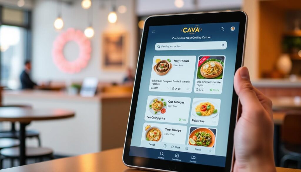 A vibrant, modern digital interface showcasing Cava's online ordering options. The foreground features a sleek tablet or smartphone display with a clean, intuitive UI. The middle ground includes a variety of menu items and customization options, presented in an appetizing, visually compelling manner. The background subtly hints at Cava's branding and restaurant atmosphere, with hints of warm lighting, minimalist decor, and natural materials. The overall scene conveys an efficient, user-friendly digital ordering experience that seamlessly connects customers with Cava's delicious, healthy Mediterranean cuisine. A vibrant, modern digital interface showcasing Cava's online ordering options. The foreground features a sleek tablet or smartphone display with a clean, intuitive UI. The middle ground includes a variety of menu items and customization options, presented in an appetizing, visually compelling manner. The background subtly hints at Cava's branding and restaurant atmosphere, with hints of warm lighting, minimalist decor, and natural materials. The overall scene conveys an efficient, user-friendly digital ordering experience that seamlessly connects customers with Cava's delicious, healthy Mediterranean cuisine.