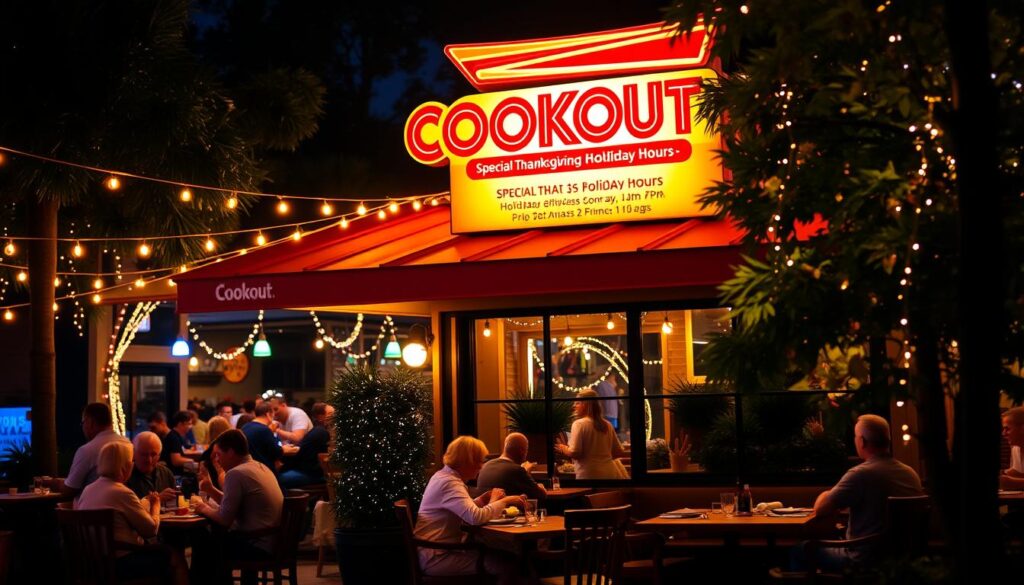 A vibrant sign board illuminated by warm, golden lighting, displaying the holiday hours of a Cookout restaurant against a backdrop of a festive, outdoor dining scene. The sign features the Cookout logo prominently, with clear and legible text detailing the special Thanksgiving and holiday hours. In the foreground, a cozy patio with wooden tables and chairs is populated by groups of people enjoying a delicious Cookout meal, surrounded by lush greenery and twinkling string lights that create a welcoming, celebratory atmosphere. The overall scene conveys the spirit of a holiday gathering at a beloved Cookout location. A vibrant sign board illuminated by warm, golden lighting, displaying the holiday hours of a Cookout restaurant against a backdrop of a festive, outdoor dining scene. The sign features the Cookout logo prominently, with clear and legible text detailing the special Thanksgiving and holiday hours. In the foreground, a cozy patio with wooden tables and chairs is populated by groups of people enjoying a delicious Cookout meal, surrounded by lush greenery and twinkling string lights that create a welcoming, celebratory atmosphere. The overall scene conveys the spirit of a holiday gathering at a beloved Cookout location.