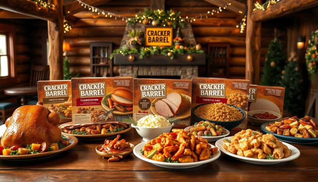 A visually appealing display of Cracker Barrel's renowned Heat n' Serve Thanksgiving Meal Packages, arranged on a rustic wooden table. The foreground showcases the various turkey, ham, and side dish options, beautifully plated and garnished, exuding a warm, homely atmosphere. In the middle ground, the packaging for the meals is prominently featured, with the Cracker Barrel logo and branding prominently displayed. The background features a cozy, cabin-like setting, with wooden beams, string lights, and seasonal decorations, creating a inviting, festive ambiance. The lighting is soft and natural, highlighting the textures and colors of the dishes, while the camera angle captures the scene from a slightly elevated perspective, emphasizing the visual appeal of the spread.