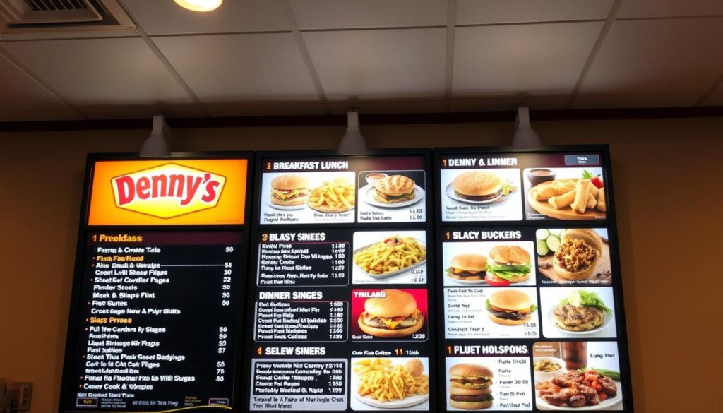A well-lit Denny's restaurant menu board, capturing a diverse selection of breakfast, lunch, and dinner options. The menu items are displayed on a backlit panel, with high-contrast text and vibrant, appetizing food photography. The lighting creates a warm, inviting ambiance, drawing the viewer's attention to the menu's variety. The camera angle is slightly elevated, providing a comprehensive overview of the menu's layout and design. The surrounding decor is minimalist, allowing the menu to be the central focus of the image.