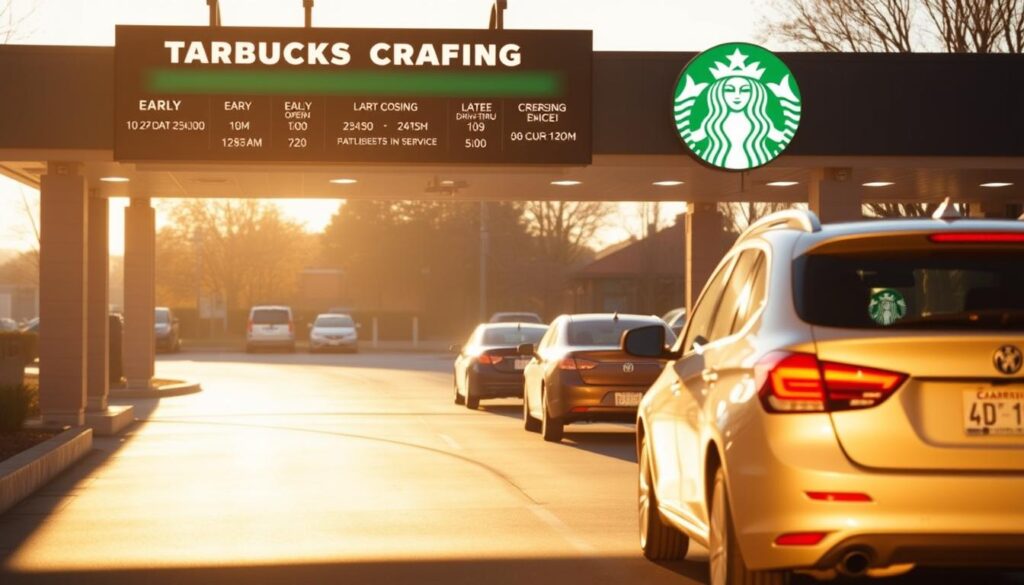 A well-lit Starbucks drive-thru in the early morning, with the service menu board prominently displayed. The board showcases the store's operating hours, from early opening to late closing, highlighting the extended drive-thru service availability. The scene is bathed in warm, golden light, creating a welcoming and efficient atmosphere. The drive-thru lane is neatly paved, with cars gently winding through, their passengers eagerly awaiting their coffee orders. The Starbucks logo and branding are subtly present, creating a recognizable and familiar setting for the viewer.