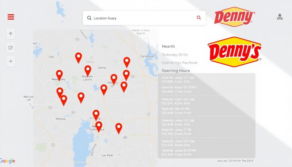 A well-lit, high-resolution image of a digital location finder interface for Denny's restaurants. The foreground displays a large, detailed map of the local area with clearly marked Denny's locations represented by distinct map markers. The middle ground showcases a search bar, filtering options, and a list of nearby Denny's addresses, operating hours, and other relevant information. The background features a clean, minimalist design with Denny's branding elements like the iconic logo. The overall tone is modern, user-friendly, and optimized for easy navigation to the nearest Denny's restaurant. A well-lit, high-resolution image of a digital location finder interface for Denny's restaurants. The foreground displays a large, detailed map of the local area with clearly marked Denny's locations represented by distinct map markers. The middle ground showcases a search bar, filtering options, and a list of nearby Denny's addresses, operating hours, and other relevant information. The background features a clean, minimalist design with Denny's branding elements like the iconic logo. The overall tone is modern, user-friendly, and optimized for easy navigation to the nearest Denny's restaurant.