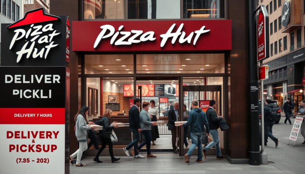A well-lit, high-resolution photograph of a Pizza Hut storefront showcasing the delivery and pickup options. In the foreground, a large sign prominently displays the words "DELIVERY" and "PICKUP" along with the hours of operation. The middle ground features customers entering and exiting the restaurant, some carrying pizza boxes. The background depicts a bustling urban setting with other businesses, traffic, and pedestrians. The overall mood is one of convenience, accessibility, and the inviting aroma of freshly baked pizza. A well-lit, high-resolution photograph of a Pizza Hut storefront showcasing the delivery and pickup options. In the foreground, a large sign prominently displays the words "DELIVERY" and "PICKUP" along with the hours of operation. The middle ground features customers entering and exiting the restaurant, some carrying pizza boxes. The background depicts a bustling urban setting with other businesses, traffic, and pedestrians. The overall mood is one of convenience, accessibility, and the inviting aroma of freshly baked pizza.