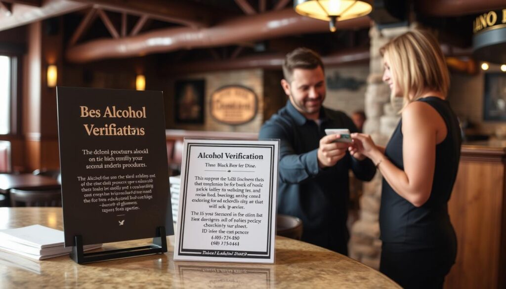 A well-lit, high-resolution photograph showcasing the alcohol verification methods at a Black Bear Diner restaurant. In the foreground, a hostess station with a prominently displayed sign detailing the diner's alcohol policy and ID check procedures. On the counter, a card reader and a stack of menus. In the middle ground, a server checking a customer's ID using a small handheld device. The background features the classic Black Bear Diner rustic decor, including wooden beams, stone accents, and warm lighting. The overall scene conveys a welcoming, family-friendly atmosphere while emphasizing the diner's responsible alcohol service practices.