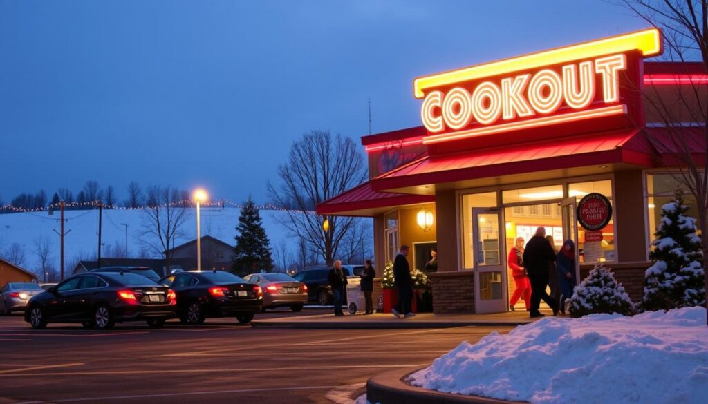 Cookout Christmas Eve Hours: A festive outdoor scene, with a Cookout fast-food restaurant in the foreground, its neon sign glowing against the winter twilight. The restaurant's doors are open, inviting customers to step inside and enjoy a warm meal on this chilly Christmas Eve. The parking lot is partially full, with a few cars and families bundled up, making their way towards the entrance. In the background, a dusting of snow covers the ground, creating a picturesque winter landscape. The lighting is a warm, golden hue, casting a cozy atmosphere over the entire scene.