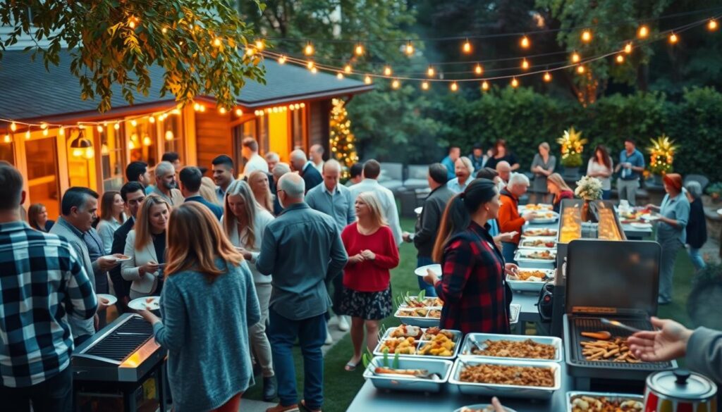 Cookout Holiday Crowd Management: A bustling backyard filled with family and friends, gathered around a sizzling grill under the warm glow of festive string lights. In the foreground, people mingle, plates in hand, laughter and conversation filling the air. In the middle ground, a well-organized buffet line, with delectable dishes carefully arranged. The background reveals a neatly arranged seating area, where guests relax and enjoy the holiday feast, surrounded by lush greenery and a cozy, inviting ambiance. Crisp, natural lighting captures the scene, creating a sense of togetherness and holiday cheer.