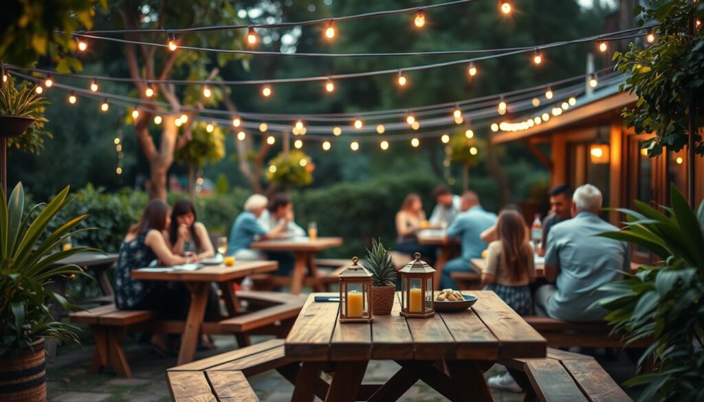 Cozy outdoor gathering with intimate seating arrangement. Wooden picnic tables surrounded by lush greenery and string lights overhead, casting a warm glow. Casual yet festive vibe, perfect for summer cookout. Families and friends relaxing, enjoying good food and lively conversation. Soft focus, shallow depth of field emphasizes the inviting ambiance. Natural lighting, slight hazy effect adds to the laid-back atmosphere. Wooden benches, cushions, and decorative lanterns complete the rustic, welcoming scene.