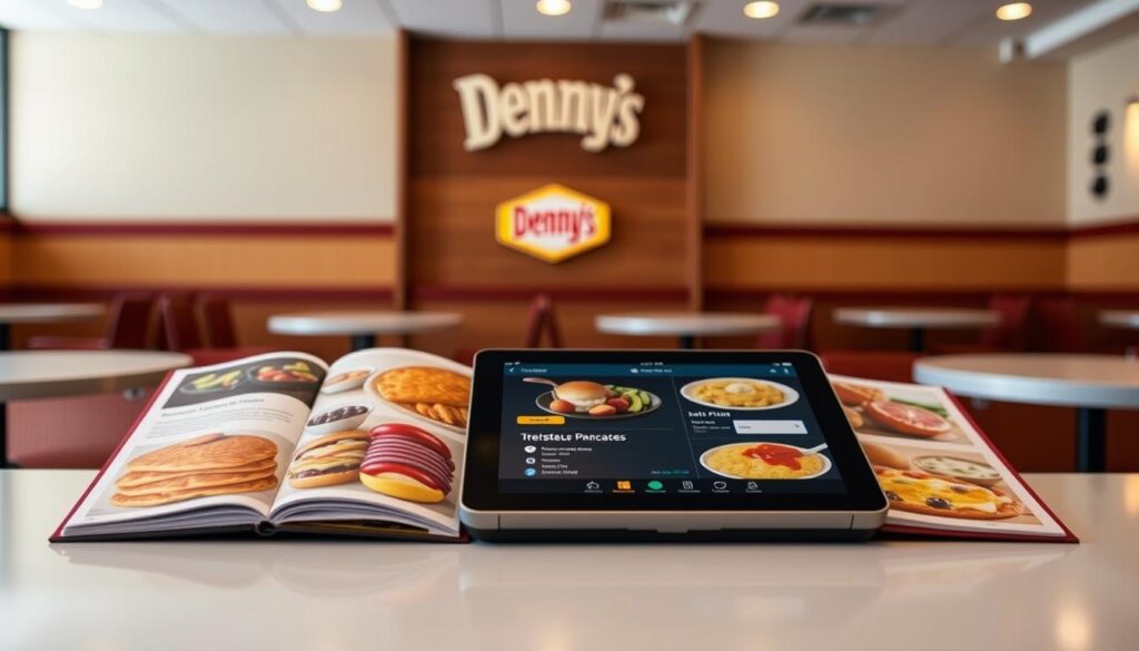 Denny's breakfast ordering options displayed on a clean, well-lit tabletop. In the foreground, an open menu showcases a variety of breakfast items, from classic pancakes and omelets to healthier options like fruit and yogurt. The middle ground features a sleek, modern tablet or digital interface, allowing customers to browse and select their desired meal with ease. In the background, a warm, inviting diner atmosphere with neutral tones and subtle lighting creates a relaxing ambiance. The overall scene conveys a sense of convenience, choice, and the comforting atmosphere of a Denny's restaurant, ready to serve customers their breakfast at any time.