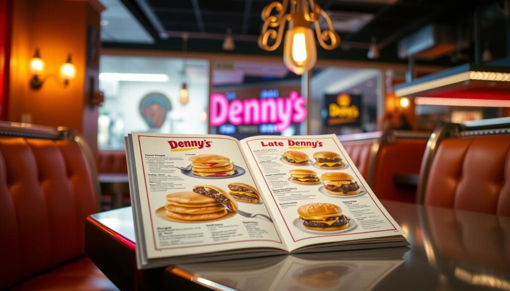 Denny's late night dining menu, illuminated by warm incandescent lighting, rests on a polished table under a modern chandelier. The menu features a variety of classic American diner fare, from stacks of fluffy pancakes to hearty burgers and melty grilled cheese sandwiches. The background is a cozy, inviting diner atmosphere, with vinyl booths, chrome accents, and a touch of neon. The image conveys a sense of comfort, indulgence, and the 24-hour convenience that Denny's is known for, perfect for satisfying late-night cravings.
