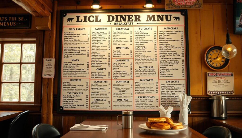 Detailed black bear diner all-day breakfast menu, shot with natural lighting and a wide-angle lens. Crisp, clean typography showcasing a variety of classic breakfast items - fluffy pancakes, hearty omelets, savory breakfast sandwiches, and more. Warm, inviting atmosphere with wood accents and rustic decor, evocative of a cozy mountain diner. The menu is the central focus, prominently displayed on the wall behind the counter, creating an appetizing and informative scene for hungry patrons.