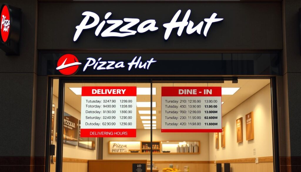 Detailed rendering of a Pizza Hut storefront, with a clean, well-lit interior showcasing a comparison of delivery and dine-in hours. The image should feature a prominent display board highlighting the distinct operating hours for each service, creating a clear visual contrast. Employ a warm, inviting color palette with soft, diffused lighting to convey a welcoming atmosphere. Capture the storefront from a slightly elevated angle, providing a comprehensive view of the exterior and interior spaces. Ensure the overall composition strikes a balance between showcasing the key information and maintaining an aesthetically pleasing, photorealistic appearance.