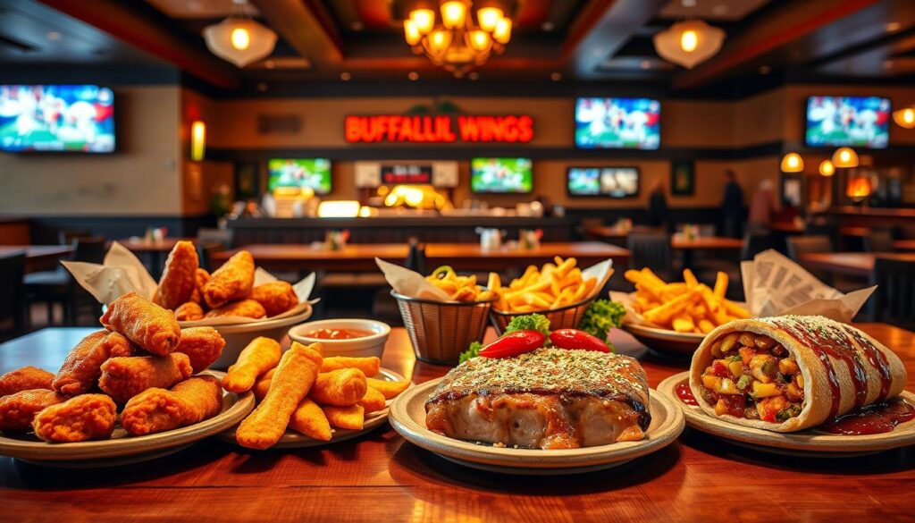 High-quality, hyper-realistic image of the seasonal specials menu at Buffalo Wild Wings restaurant. The menu is displayed on a wooden table, with a warm, soft lighting illuminating the dishes. In the foreground, there are various appetizers and shareable plates like boneless wings, fried pickles, and loaded nachos. The middle ground features seasonal entrees like a maple-glazed salmon or a turkey cranberry wrap. In the background, the restaurant's signature sports-bar atmosphere is visible, with TVs playing live games and a cozy, inviting ambiance. The image is captured with a wide-angle lens to showcase the full spread of the seasonal offerings.